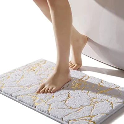 Afbeelding van QJHOMO Badmat, antislip, wasbaar, wit badkamertapijt, goud, decoratief tapijt, luxe, badkameraccessoires, zachte microvezel, absorberend, badmat voor badkamer, badkuip, 40 x 60 cm