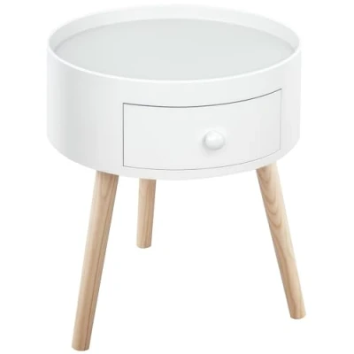 Afbeelding van HOMCOM Salontafel nachtkastje rond Scandinavisch design bijzettafel bankpunt met lade schuine taps toelopende poten massief hout licht eiken wit