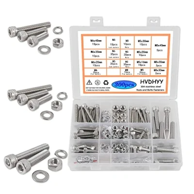 Afbeelding van HVDHYY Cilinderschroeven met binnenzeskant, M5, M6, M8, schroevenset, A2 70, roestvrij staal, zeskantkop, machineschroeven, moeren, sluitringen, assortiment, kit, hex socket button opbergdoos, 300