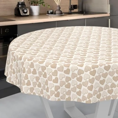 Afbeelding van Wasdoek tafelkleed, afwasbaar tafelzeil, tuintafelkleed, voor binnen en buiten, rond, 140 cm, snijrand, hart, beige