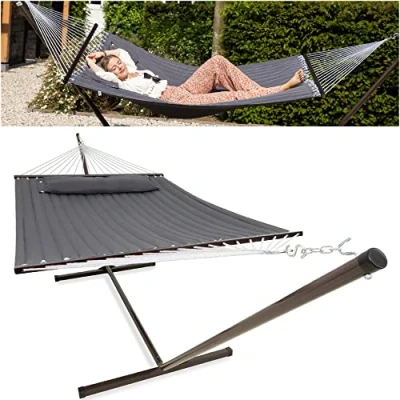 Afbeelding van Vita5 Hangmat met Standaard 2 Persoons Hangmatsets Tuin Spreidstok en Frame Donker Grijs UV bestendig Draaggewicht Tot 200 kg
