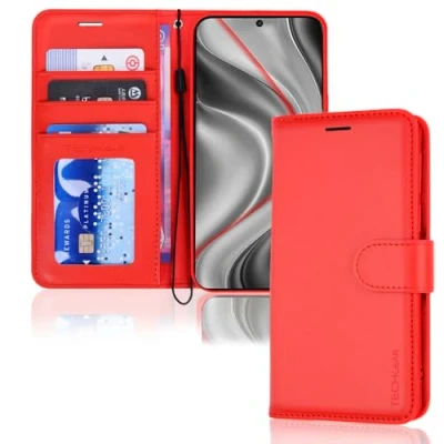 Afbeelding van TECHGEAR Leren portemonneehoesje voor Galaxy S24, flipcase, met kaarthouder, standaard en polsband, rood PU leer magnetische sluiting, ontworpen Samsung S24 / 5G