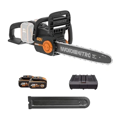 Afbeelding van WORX WG385E PowerShare Accukettingzaag, 20 V, inclusief 2 accu&#039;s Ah en dubbele oplader, 40 cm zwaard, kettingrem automatische smering