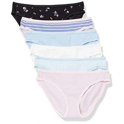 Afbeelding van Amazon Essentials Women&#039;s Katoenen onderbroek in bikinimodel (verkrijgbaar grote maten), Pack of 6, Blauw/Deftig bloemenpatroon/Lichtroze/Streep/Wit/Zwart Bloemig, 48