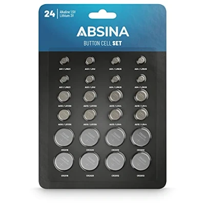 Afbeelding van ABSINA Set van 24 alkaline en lithium knoopcellen 2x AG1 / AG3 4x AG4 AG10 AG13 CR2016 CR2025 CR2032 1,5V &amp; 3 V knoopcelassortiment lekvrij knoopcelbatterijen