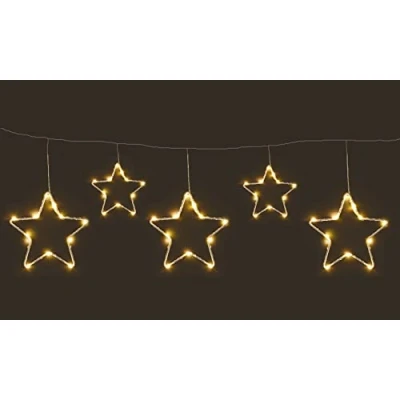 Afbeelding van Spetebo Led lichtgordijn met 5 metalen sterren, warmwit, 120 x 30 cm, kerstlichtketting timerfunctie, raamdecoratie, verlichting, advent, Kerstmis, winter, werkt op batterijen