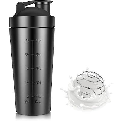 Afbeelding van roestvrijstalen eiwitshaker met mengbal, 750 ml mengbal en proteïne shaker filter. Shake Blender