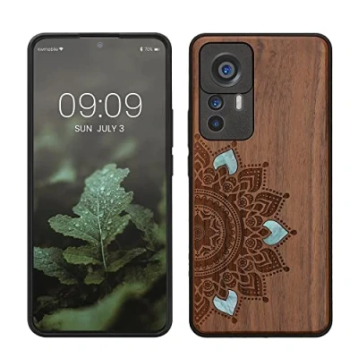 Afbeelding van kwmobile telefoonhoesje geschikt voorXiaomi 12T / Pro Hoesje met bumper walnoothout In donkerbruin Parelmoer mandala design