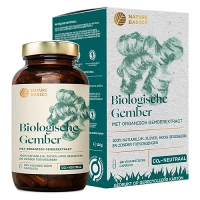 Afbeelding van Nature Basics® BIO ginger capsules gecertificeerd &amp; duurzaam in een potje hooggedoseerde 600mg gemberwortel per capsule 180 vegan puur laboratorium getest, uit DE, additieven vrij CO2 neutraal