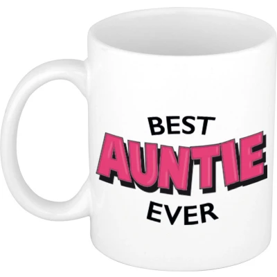 Afbeelding van Best auntie ever cadeau koffiemok / theebeker wit met roze letters 300 ml feest mokken