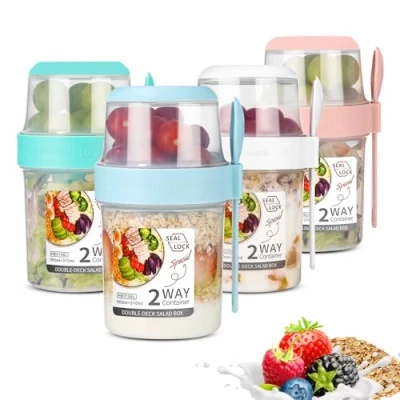 Afbeelding van SinLaw 2 stuks mueslibekers to go, yoghurtbekers voor onderweg met lepel, yoghurt go beker, dubbellaags, lekvrije yoghurtbekers, slabekers (4 (310 ml + 560 ml)