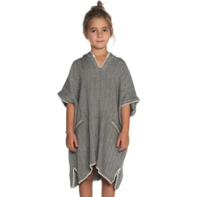 Afbeelding van Strandponcho ZigZag Black maat 8 9 jaar jongens/meisjes/unisex pasvorm poncho handdoek voor kinderen met capuchon zwemponcho badcape