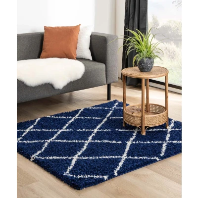 Afbeelding van Vierkant Hoogpolig Vloerkleed Ruiten Habitat Marineblauw/wit 280x280 Cm