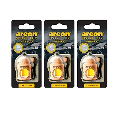 Afbeelding van AREON Fresco auto parfum sport lux goud autogeur hangende fles glas geurflacon flacon hout luchtverfrisser set hanger spiegel zwart 4 ml 3D (pak x 3)