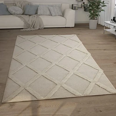 Afbeelding van Paco Home Hoogpolig Vloerkleed Woonkamer Shaggy 3D Look Ethno Boho Vintage Zacht, Maat:160x220 cm, Kleur:Crème 5