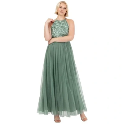 Afbeelding van Maya Deluxe Verfraaide mouwloze maxi jurk met pailletten voor dames, bruidsmeisjesjurk bruiloften, feesten en avondkleding, halternek dameskleding, Diepe mint 6, munt, 32