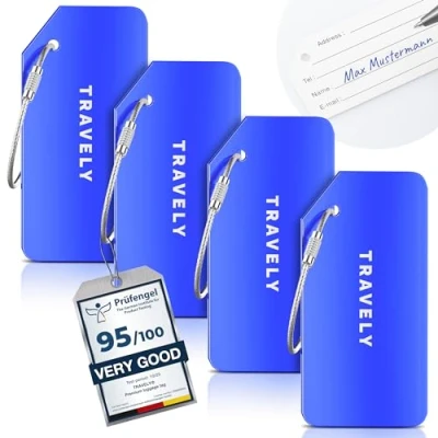 Afbeelding van Travely Premium kofferhanger, gemakkelijk herkenbaar, robuust en veilig, inclusief naamplaatje privacybescherming, veelzijdige praktische adreslabel, naamhanger bagagelabel