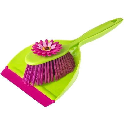 Afbeelding van Flower Power stoffer en blik set bezem veegset met kleurrijke handveger veegplaat, ABS, polypropyleen, roze/groen, 35 x 6 cm VIGAR 5900