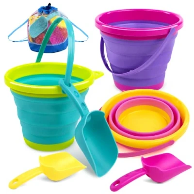 Afbeelding van JOYIN Opvouwbare strandemmerset, 3 stuks, opvouwbaar, met schep en rugzak van mesh, voor kinderfeest, reizen, visemmer (roze/paars/groen)