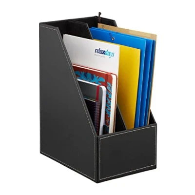 Afbeelding van Relaxdays tijdschriftencassette kunstleer 2 vakken staand tijdschriftenhouder smal zwart