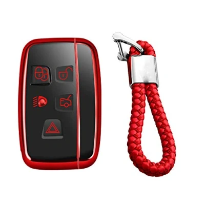 Afbeelding van M.JVisun Zacht TPU Sleutelomhulsels Autosleutel Cover Hoesje Voor Land Rover Discovery 4/Sport Freelander 2 Range Evoque/Sport/Velar Glanzend Rood Weven Sleutelhanger
