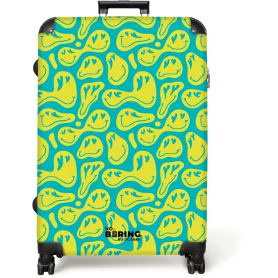 Afbeelding van NoBoringSuitcases.com® Koffer groot Reiskoffer lichtgewicht Groen met gele smileys Rolkoffer 4 wielen Grote trolley XL 98 liter bagage