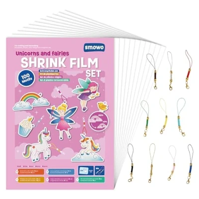 Afbeelding van Smowo® Krimpfolies met eenhoornmotieven en sleutelhangers, magische knutselset voor meisjes, krimpende plastic folies 100 mooie designs, 10 stuks