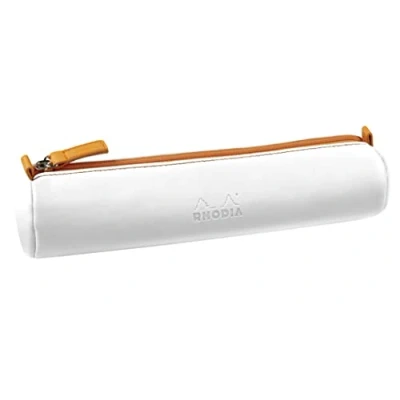 Afbeelding van RHODIA 319047C Trousse Ronde Rhodiarama Blanc 21,5x5,5 cm Coutures Véritables Orange Intérieur Jersey Ivoire Simili Cuir Rangement Stylos, Crayons, Feutres, Petites Fournitures