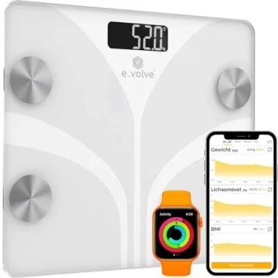 Afbeelding van e.volve Weegschaal Personenweegschaal Digitaal Wit Slimme met 14x Lichaamsanalyse o.a. Vetpercentage Incl. App