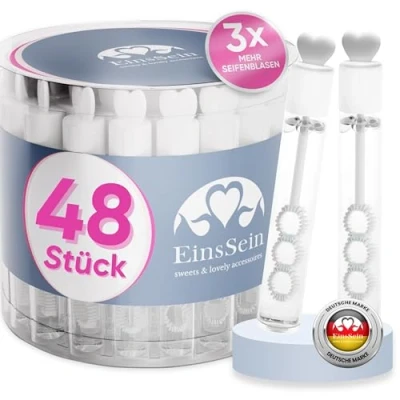 Afbeelding van EinsSein 48x bellenblaas bruiloft hartjes Lovegläschen Box wit hartvormig bellen blaas huwelijk met hart handvat wedding bubbles bruiloften buisjes zijn vloeistof gastgeschenk
