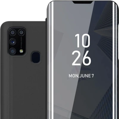 Afbeelding van Cadorabo Hoesje geschikt voor Samsung Galaxy M31 in TOERMALIJN ZWART Clear View Spiegel Beschermende Case met Tribunefunctie 360 Graden Bescherming Book Cover Etui