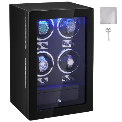 Afbeelding van Horlogeopwinder voor 4 Automatische Horloges, met Stille Japanse Mabuchi Motoren, Blauw Led Lampje, Adapter, Duurzame Printplaat Hoge Dichtheid en Elegante Zwarte Pu Afwerking