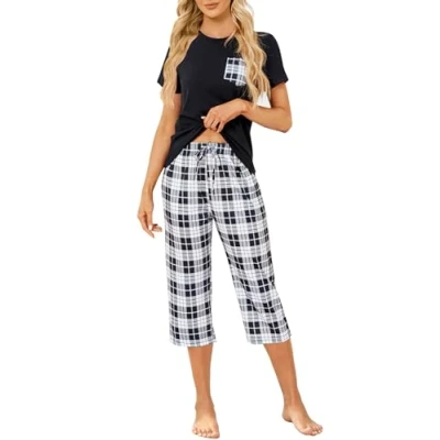 Afbeelding van Reliwel Pyjama voor dames, katoen, pyjamaset kort, geruit, Pijama met korte mouwen en 3/4 broek, nachtkleding, zacht, comfortabel, 2 delig, S XXL, Donkergroen, L