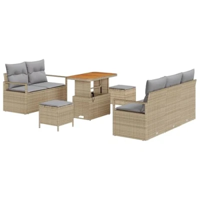 Afbeelding van vidaXL 8 delige Tuin Sofa Set met Kussens Beige Poly Rattan Acacia, 2 zits Rattan, 3 Eet Acacia