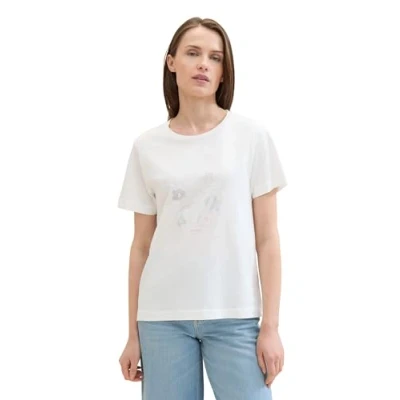 Afbeelding van TOM TAILOR Basic T shirt voor dames met print, 10320, zacht helder wit, L