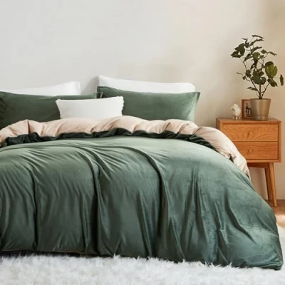 Afbeelding van Lanqinglv Wollig beddengoed, 135 x 200 cm, groen, beige, winter, pluche, flanel, fleece, omkeerbaar beddengoedset, warm, voelt aan als kasjmier, flanellen dekbedovertrek met ritssluiting en 1