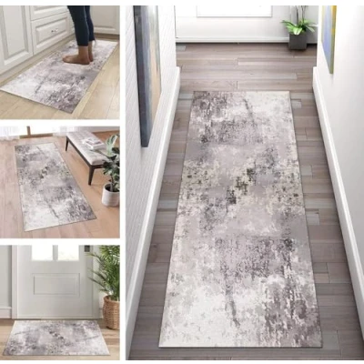 Afbeelding van ZUZEKU Lange loper, antislip, keuken, grijs, moderne gang, tapijtmatten, 90 x 400 cm, keukentapijt, slaapkamer, eetkamer, polyester, per meter aanpasbaar