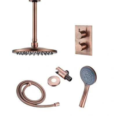 Afbeelding van Inbouw Regendouche Set BWS Copper met Plafonduitloop en 3 Standen Handdouche Geborsteld Koper 20 cm