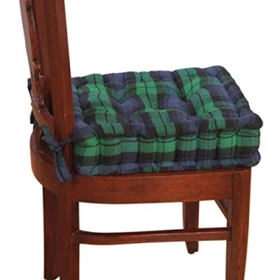 Afbeelding van HOMESCAPES orthopedisch zitkussen 40 x 10 cm extra hoog, met linten, hoes gemaakt van 100% katoen stoelverhoger/stahulp, Black Watch tartan patroon blauw groen zwart geruit