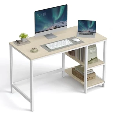 Afbeelding van VASAGLE Bureau, Computertafel, PC tafel, Kantoortafel, met 2 Planken aan de Rechter of Linkerkant, voor Kantoor, Woonkamer, Stalen Frame, Modern, Natuurlijk Beige Parelwit LWD047N02