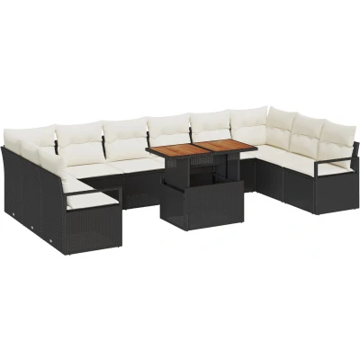 Afbeelding van vidaXL 11 delige tuinsofa set met kussens zwart poly rattan acacia, 2 zits
