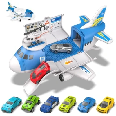 Afbeelding van kramow speelgoedauto&#039;s voor 3 jarige jongen, autospeelgoedset, vliegtuigspeelgoed, transportvliegtuig met 7 sportwagens, 1 terreinwagen, helikopter, vrachtvliegtuig, speelgoedcadeaus kinderen, jongens en meisjes, leeftijd 3, 4, 5 , 6