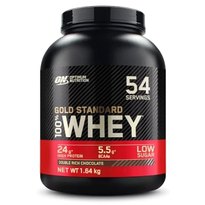 Afbeelding van ON Gold Standard 100% weiproteïnepoeder voor spieropbouw en regeneratie met natuurlijk voorkomende glutamine BCAA aminozuren, Double Rich Chocolate, 54 porties, 1,64 kg