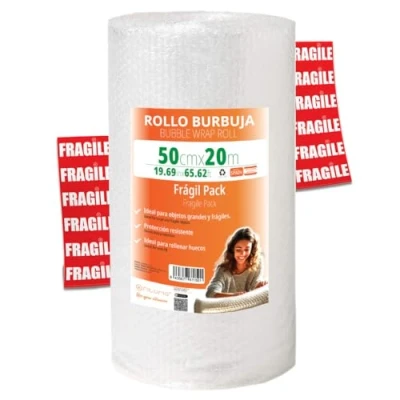 Afbeelding van OFITURIA luchtkussenfolie, 50 cm x 20 m, verpakking met 12 frisse etiketten, ideaal voor verpakking, verhuizing, bubbelwrap