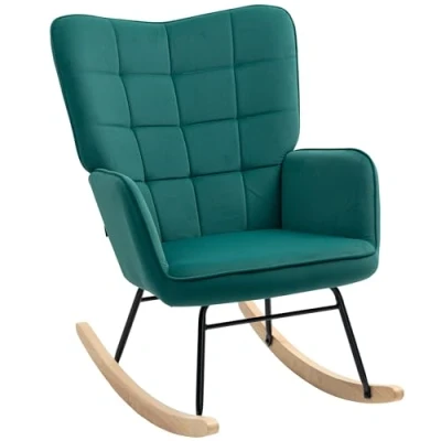 Afbeelding van HOMCOM schommelstoel, fluwelen bekleding, borstvoedingsstoel, stalen frame, poten van massief hout, donkergroen
