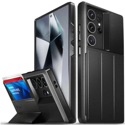 Afbeelding van VENA vCommute Portemonnee hoesje voor Samsung Galaxy S24 Ultra (2024), (militaire valbescherming), lederen fliphoesje, kaartsleuf en standaard, grijs (spacegrijs/zwart