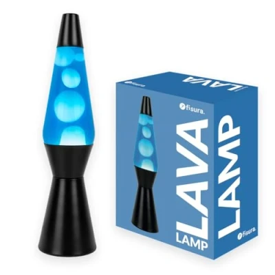 Afbeelding van Fisura blauwe en Zwarte lavalamp. basis, witte lava vloeistof. Retro lavalamp met vervangende lamp. 11,5 cm x 40 cm.