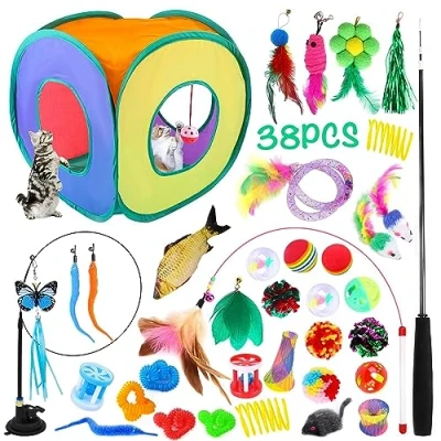 Afbeelding van JOTOL Kattenspeelgoed,Cat Interactive Wand Toy Set,Kattenspeelgoed Set voor Indoor Katten met Kattentunnels,Ballen,Grappige Kattenstok,Veerspeelgoed,Pluche Speelgoed,Speelgoedmuizen etc
