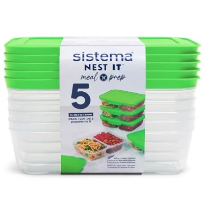 Afbeelding van Sistema NEST IT Contenitori per preparazione dei pasti 870 ml ermetici la conservazione di alimenti, con scomparti e coperchi Senza BPA Verde 5 pezzi