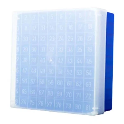Afbeelding van neoLab 2 2944 neoBox 81 Plus polypropyleen Kryobox, 133 mm lengte x breedte 53 hoogte, blauw/transparant/gecodeerd